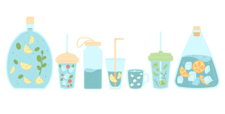 Summer soft drinks and water in different containers set isolated on white background. Fresh clean and aroma liquid. Aqua healthy beverage with fruit, ice lemon, berry. Stay hydrated with water balance. Vector flat illustration.のイラスト素材