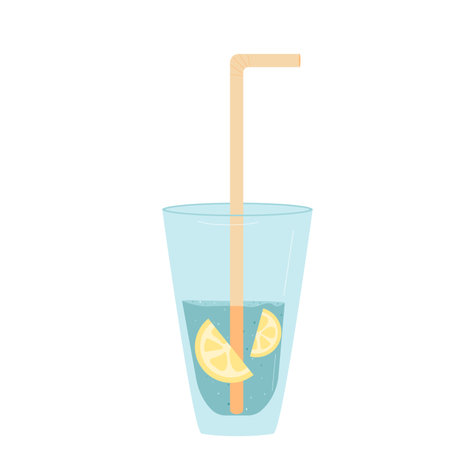 Water with lemon in glass with cocktail straw isolated on white background. Fresh clean and aroma drink. Aqua healthy summer beverage. Stay hydrated. Vector flat illustration.のイラスト素材