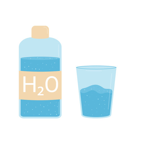 Glass and bottle of still water isolated on white background. Stay hydrated. Fresh clean drink. Aqua healthy cold beverage. Stay hydrated. Vector flat illustration.のイラスト素材