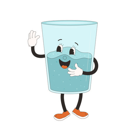 Water glass retro cartoon mascots. Drink rubber hose animation style groovy characters. Drink more water. Ecologic and wellness vector flat illustration isolated on white background.のイラスト素材