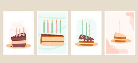 Birthday greeting cards set with cake slice. Sweet bakery holiday vertical posters. Pastry dessert...