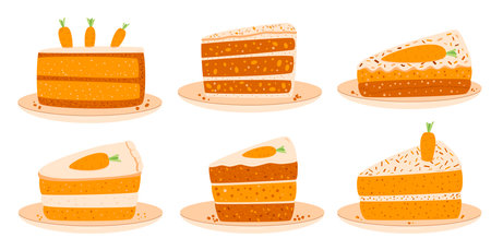 Slice of carrot cakes set. Sweet bakery pieces. Pastry dessert with cream and vegetables decoration. Vector pie flat illustration isolated on white background.のイラスト素材