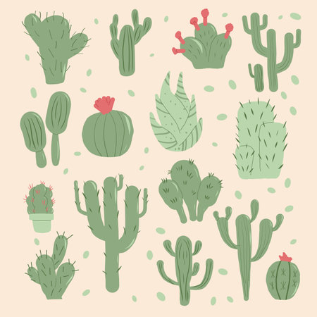 Cactus succulent set. Mexican cacti and aloe square card. Exotic various plants collection Vector hand drawn flat illustrationのイラスト素材