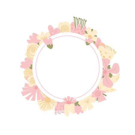 Floral wreath isolated on white background. Spring flowers frame. Circle border of bouquet. Vector flat illustration.のイラスト素材