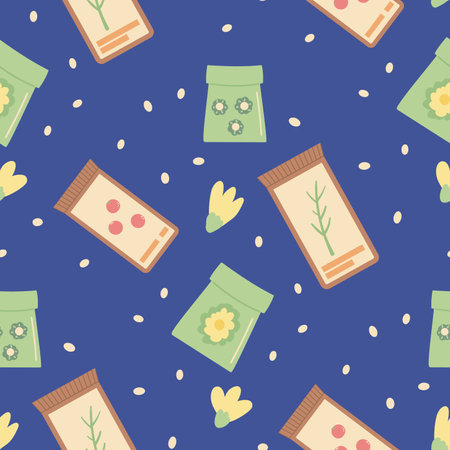 Gardening seeding plant seamless pattern. Spring horticulture items endless background. Planting flowers and vegetables at home loop cover. Vector hand drawn flat illustration.のイラスト素材