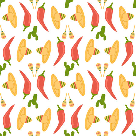 Mexican seamless pattern. Cactus, pepper and sombrero repeat background. Hats of mariachi musicians endless cover. loop ornament. Vector flat illustration.のイラスト素材