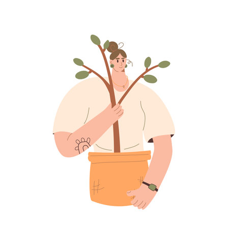 Woman with tree sampling isolated on white background. Horticulture gardener hobby character. Female portrait with plants seeding. Houseplant and garden purchase. Vector flat illustration.のイラスト素材