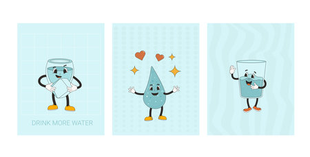 Drink more water banner set. Posters with retro drop and glasses characters. Healthy habit and wellness banner with rubber hose mascot. Vector flat illustration.のイラスト素材