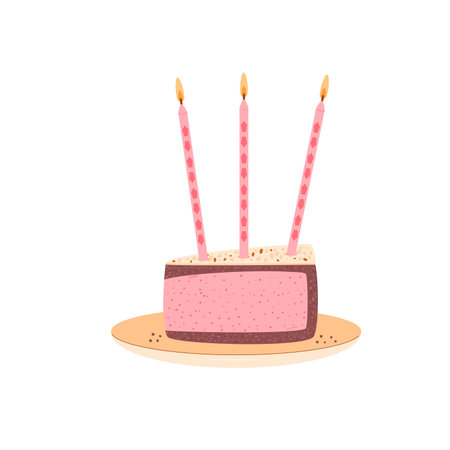 Birthday cake slice. Sweet holiday bakery piece on plate. Pastry dessert with cream and candles for breakfast. Vector cherry pie hand drawn flat illustration isolated on white background.のイラスト素材