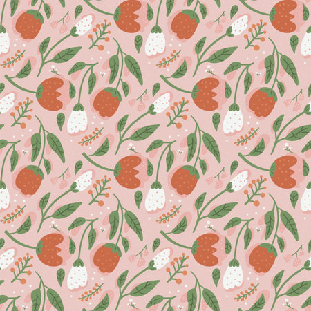 Flowers seamless pattern. Pink wildflowers endless background. Summer meadow repeat cover. Botanic loop ornament. Vector flat hand drawn illustration.のイラスト素材