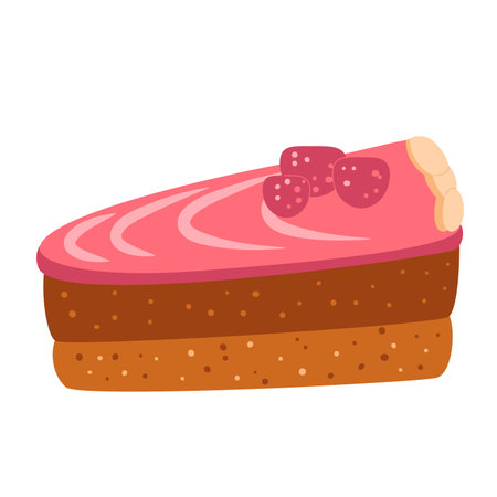 Slice of cherry cake. Sweet berry bakery piece. Pastry dessert with cream. Vector pie flat...