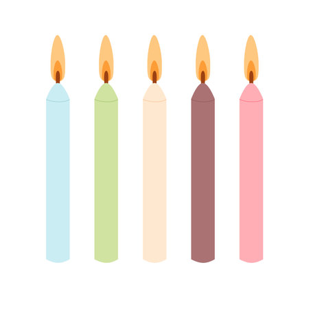 Burning birthday cake candles isolated on white background. Simple design flaming candle. Vector hand drawn flat illustration.のイラスト素材