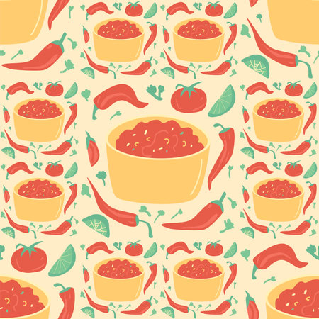 Salsa sauce seamless pattern. Mexican cuisine repeat background. Salsa rojo red endless cover. Vector flat hand drawn illustration.のイラスト素材