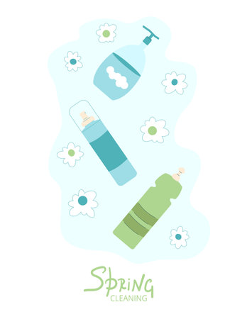 Spring cleaning. Home spray gel foam cleaners. Washing house supplies. Liquid product in bottle. Vector flat illustration.のイラスト素材
