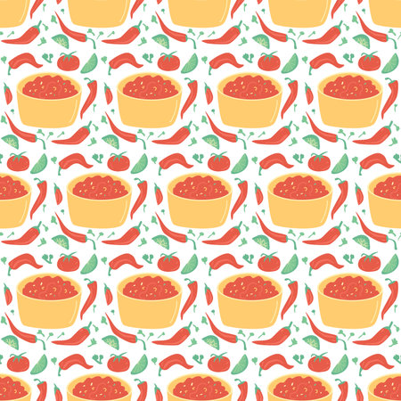 Salsa sauce seamless pattern. Mexican cuisine repeat background. Salsa rojo red endless cover. Traditional Mexican food loop ornament. Vector flat illustration.のイラスト素材