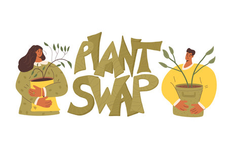 Plant swap. People exchange houseplant and gardening together isolated on white background. Eco friendly lifestyle community party. Event potted flowers market. Vector flat illustration.のイラスト素材