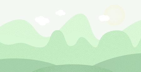 Summer nature background. Abstract meadow banner template with grass sky and cloud. Card with trees decoration. Vector textured illustrationのイラスト素材