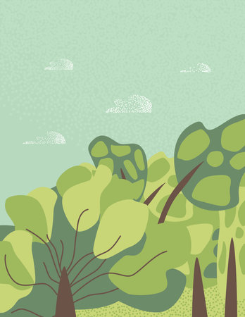 Park landscape nature background. Abstract banner template with trees. Card with nature environment decoration. Vector textured flat illustrationのイラスト素材