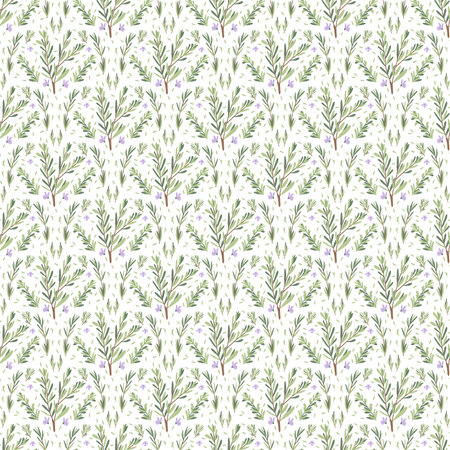 Rosemary herbs seamless pattern. Rosemary plant green leaves repeat background. Botanic endless cover. Branches static loop ornament Vector simple hand drawn illustration.のイラスト素材