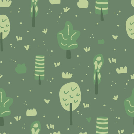 Summer forest landscape seamless pattern. Trees endless background. Park repeat cover. Nature environment loop ornament. Vector flat hand drawn illustration.のイラスト素材