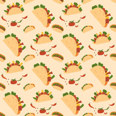 Taco seamless pattern. Mexican grilled beef with vegetable sandwich repeat cover. Vector flat illustration.のイラスト素材