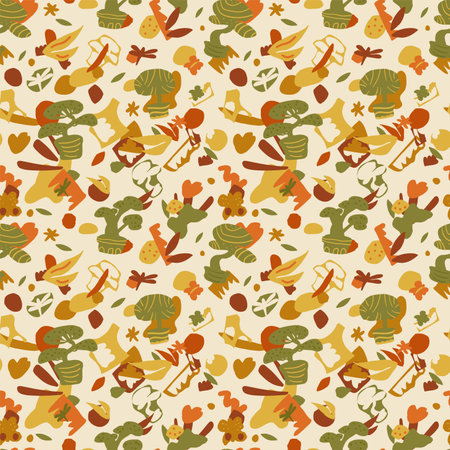 Bonsai trees seamless pattern. Plant on pot with leaves and collage shape of ripped papers silhouettes repeat background. Vector hand drawn flat illustration.のイラスト素材