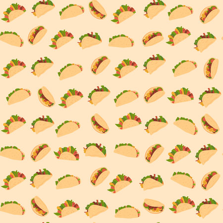 Tacos seamless pattern. Mexican fast food repeat background. Vector hand drawn flat illustration.のイラスト素材