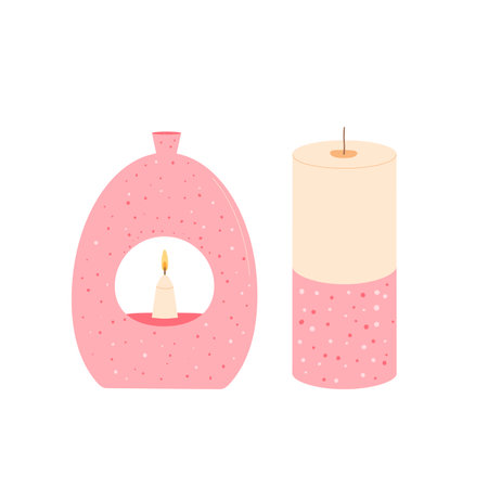 Holiday interior aroma candles. Handmade scented candlelight isolated in white background. Hygge time. Aromatherapy and relaxation home decor. Vector flat illustration.のイラスト素材