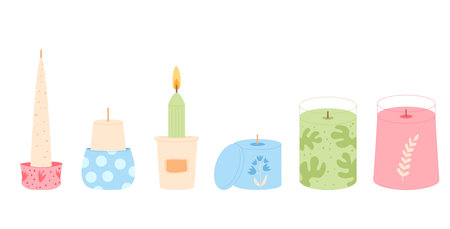 Aroma candles set. Handmade aromatic candlelight isolated in white background. Hygge time. Spa and relaxation home decor. Vector handdrawn illustration.のイラスト素材