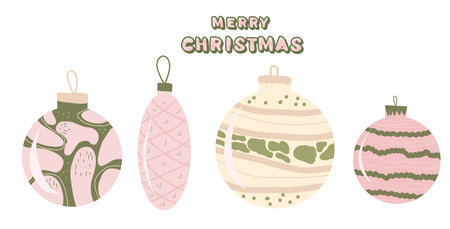 Merry Christmas toys set isolated. Festive holiday hand drawn symbols. Happy New Year ornaments glass balls. Vector winter flat illustration.のイラスト素材