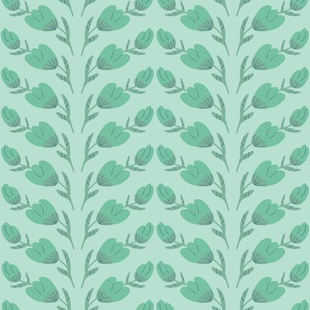 Green wildflowers seamless pattern. Floral monochrome endless background. Botanical simple repeat cover. Vector flat hand drawn illustration.のイラスト素材