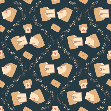 France open envelope with card seamless pattern. Eiffel tower letters endless background. Paris symbols with flowers repeat cover. Vector flat illustration.のイラスト素材