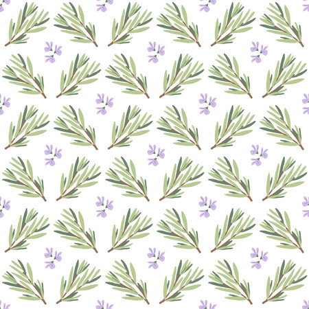 Rosemary seamless pattern. Rosemary plant green leaves repeat background. Botanic endless cover. Vector hand drawn illustration.のイラスト素材