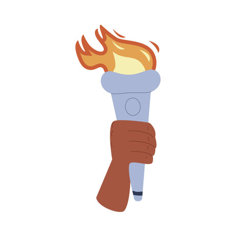 Torches with burning flame in hand. Symbol of sport, games, victory and champion competition holding human arm. Vector flat illustration isolated on white background.のイラスト素材