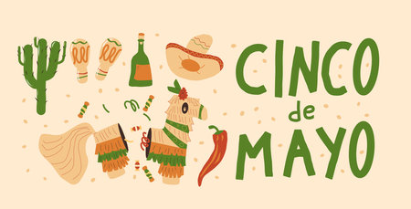 Cinco de Mayo banner template. Hand drawn lettering text and elements. Mexican festivals and cultural traditions. Vector flat illustration.のイラスト素材