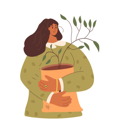 Woman with plant gardening sampling isolated on white background. Horticulture gardener hobby character with tree sampling in canvas bag. Plant lover. National arbor day. Vector flat illustration.のイラスト素材