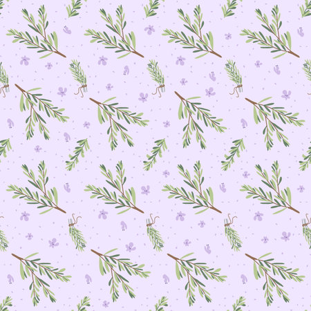 Rosemary herbs branch and flowers seamless pattern. Rosemary plant green leaves repeat background. Botanic endless cover. Vector simple hand drawn illustration.のイラスト素材
