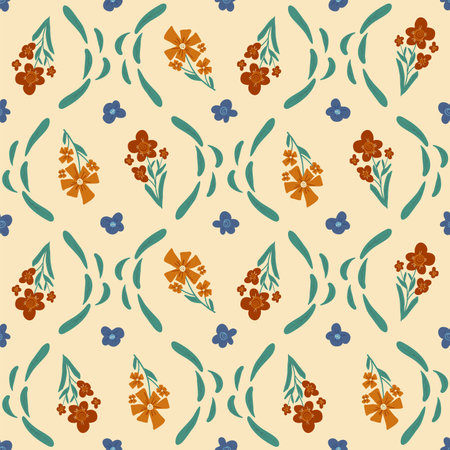 Retro flowers seamless pattern. Floral endless background. Wild flower ornament tile warm colors. Vintage botanical repeat cover. Vector flat hand drawn illustration.のイラスト素材
