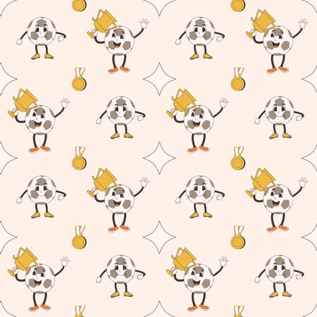 Football character seamless pattern. Soccer ball retro cartoon endless background. Sport championship loop ornament. Vector flat illustration.のイラスト素材