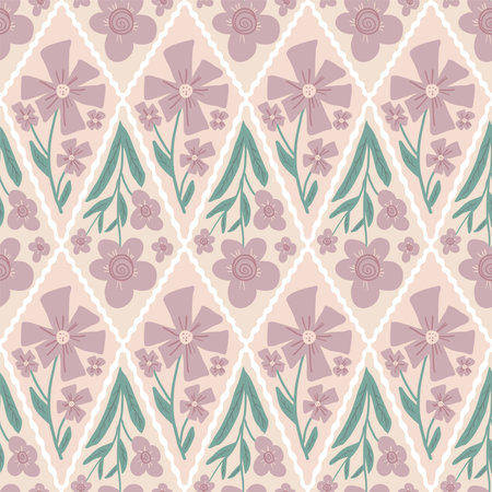 Retro flowers seamless pattern. Floral endless background on rhombus shapes. Wild flower geometric naive ornament tile. Vintage botanical repeat cover. Vector flat hand drawn illustration.のイラスト素材