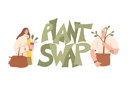 Plant swap emblem. Women exchange houseplant, seeding and gardening together isolated on white background. Eco friendly lifestyle party. Event of potted flowers market. Vector flat illustration.のイラスト素材