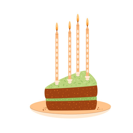 Birthday cake slice. Sweet holiday bakery piece. Pastry dessert with cream and candles for...