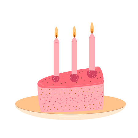 Vector Birthday cake slice. Sweet holiday bakery piece. Pastry dessert with cream and candles for breakfast. Hand drawn flat illustration isolated on white background.のイラスト素材