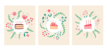 Happy Birthday greeting card with cake and flowers set. Sweet bakery holiday vertical posters....
