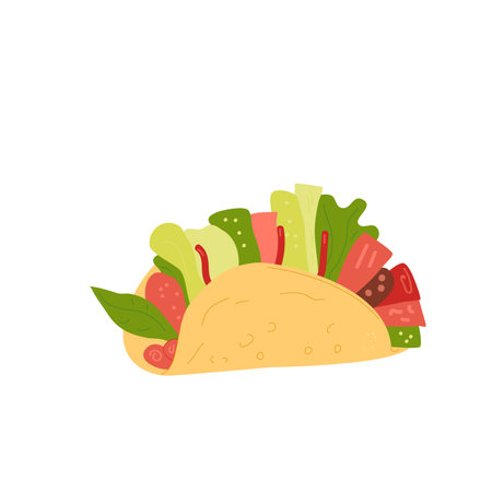Taco Mexican food. Traditional culture cuisine tortilla with beef, salad, vegetables. Vector doodle style illustration isolated on white background.のイラスト素材