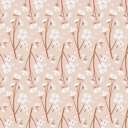 Vector seamless pattern of cotton branch with flowers. Endless background of plant of cotton with ripe bolls. Organic plant repeat cover. Soft fabric loop ornament tile. Hand drawn flat illustrationのイラスト素材