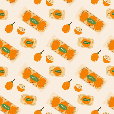 Sweet granadilla fruit packaging seamless pattern. Tropical fruits endless background. Yellow passion frui product repeat cover. Exotic food loop ornament tile. Vector hand drawn illustration.のイラスト素材