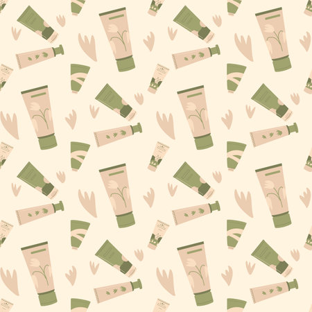 Skincare lotion beauty tubes seamless pattern. Natural cosmetics serum repeat cover. Moisturizing face products endless background. Flat vector illustration.のイラスト素材