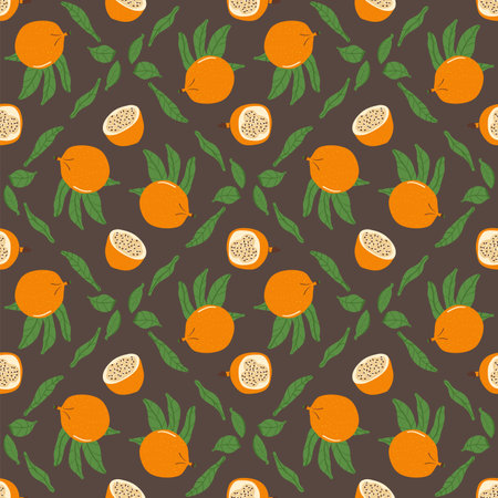 Seamless pattern sweet granadilla fruit. Tropical fruits endless background. Yellow passion fruit repeat cover. Exotic passiflora ligularis loop ornament tile. Vector hand drawn flat illustration.のイラスト素材