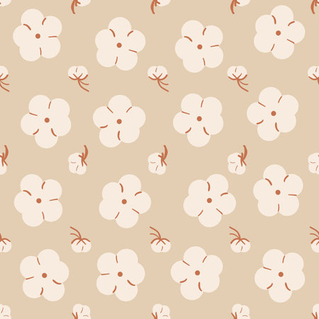 Cotton flowers plant seamless pattern. Ripe cotton balls endless background. Organic soft fiber grow repeat cover. Innocence, and new beginnings symbols tile. Vector hand drawn flat illustration.のイラスト素材